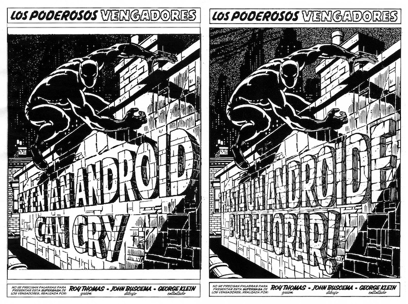 Ferran Delgado hand lettered comics translation of an Avengers page, before and after
